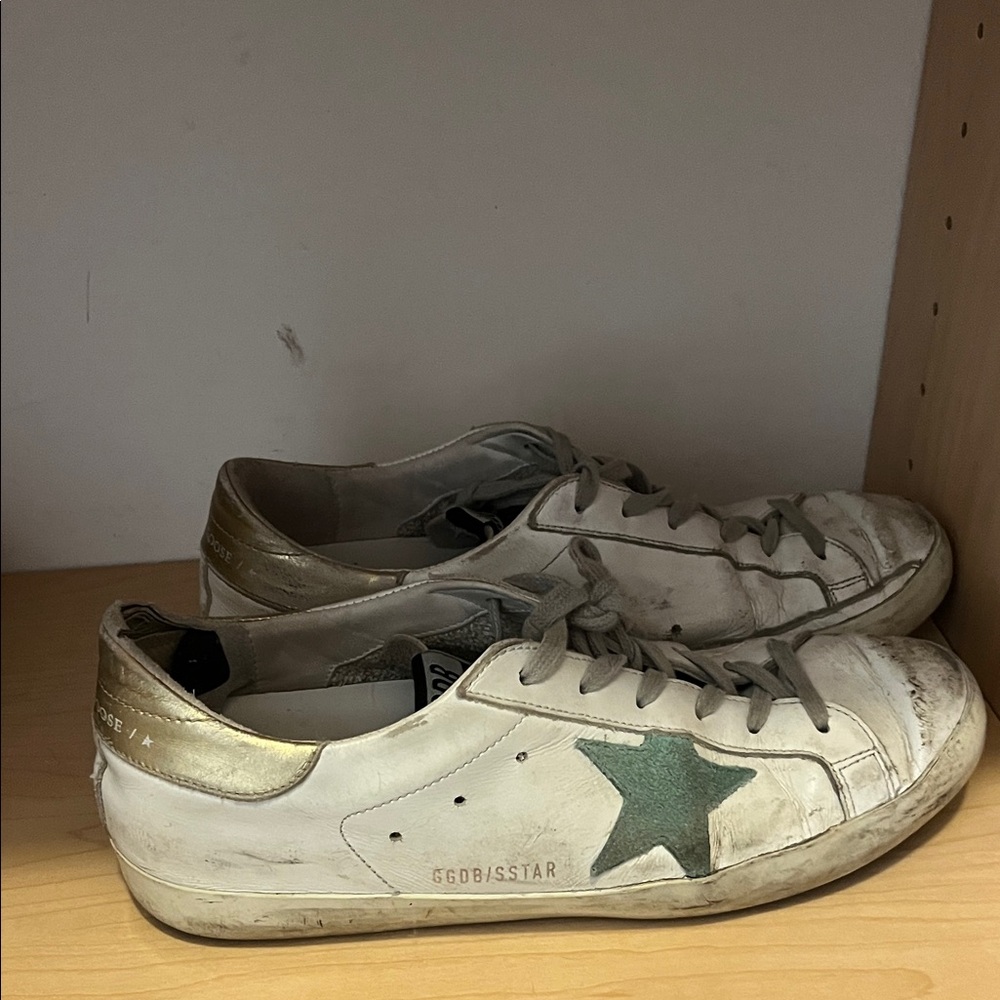 Golden Goose White Sneakers with Green Star and Gold Heel